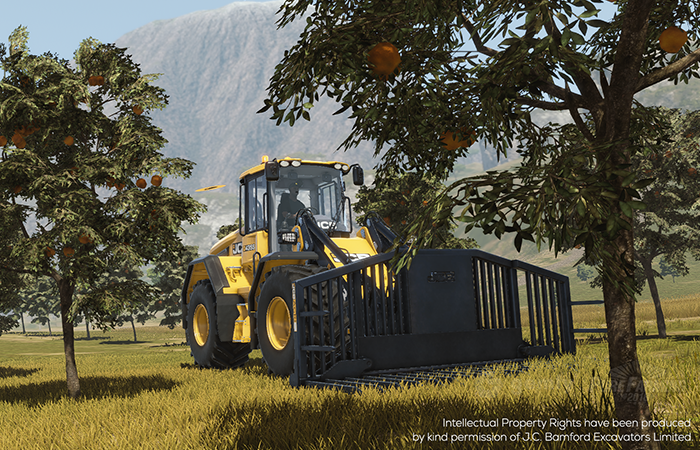 Oranges and the JCB Large Wheeled Loader 435S available for everyone